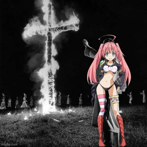 Milim nava burns a cross | image tagged in christian,that time i got reincarnated as a slime | made w/ Imgflip meme maker