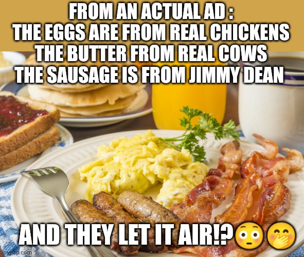 Breakfast | FROM AN ACTUAL AD :
THE EGGS ARE FROM REAL CHICKENS
THE BUTTER FROM REAL COWS
THE SAUSAGE IS FROM JIMMY DEAN; AND THEY LET IT AIR!?😳🤭 | image tagged in breakfast | made w/ Imgflip meme maker