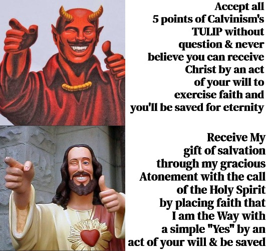 That Doctrine Is A Lie | Accept all 5 points of Calvinism's TULIP without question & never believe you can receive Christ by an act of your will to exercise faith and you'll be saved for eternity; Receive My gift of salvation through my gracious Atonement with the call of the Holy Spirit by placing faith that I am the Way with a simple "Yes" by an act of your will & be saved | image tagged in words of wisdom satan jesus,calvinism,arminian,molinism,satanic doctrine of demons,reformed theology 5 point | made w/ Imgflip meme maker