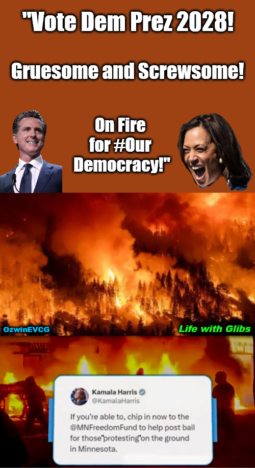 Life with Glibs | "Vote Dem Prez 2028! Gruesome and Screwsome! On Fire 

for #Our 

Democracy!"; Life with Glibs; OzwinEVCG; "               " | image tagged in political advertisement,gavin newsom,kamala harris,california fires,summer of science and love,government corruption | made w/ Imgflip meme maker