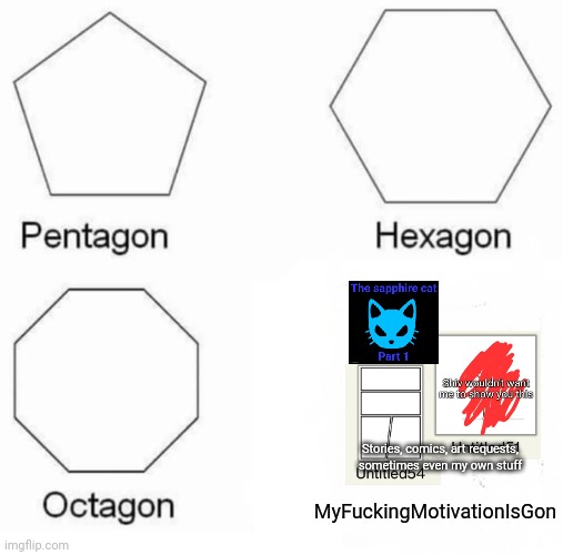 It's been like this for I don't even know how long... what happened to me... | Stories, comics, art requests, sometimes even my own stuff; MyFuckingMotivationIsGon | image tagged in memes,pentagon hexagon octagon | made w/ Imgflip meme maker