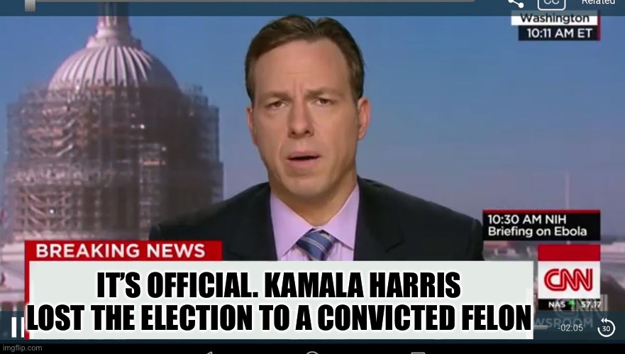 Making Kamala Harris an even more pathetic loser | IT’S OFFICIAL. KAMALA HARRIS LOST THE ELECTION TO A CONVICTED FELON | image tagged in cnn breaking news template,kamala harris,loser | made w/ Imgflip meme maker