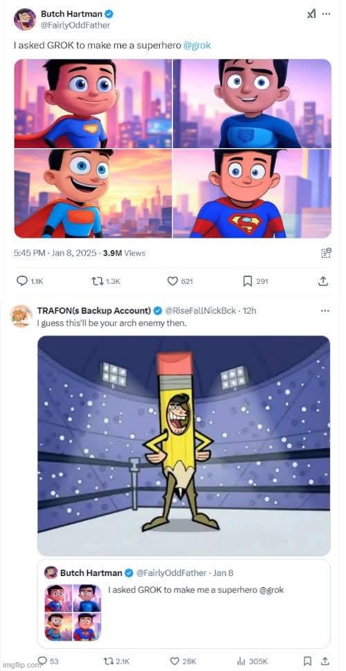 image tagged in butch hartman,grok,ai,superhero,villain,pencil | made w/ Imgflip meme maker