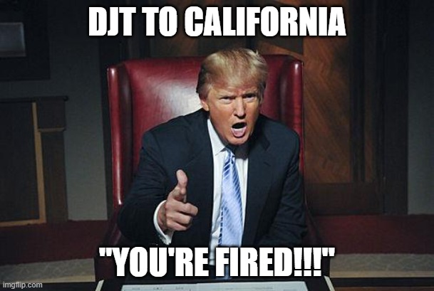 just a pun | DJT TO CALIFORNIA; "YOU'RE FIRED!!!" | image tagged in donald trump you're fired,california fires | made w/ Imgflip meme maker