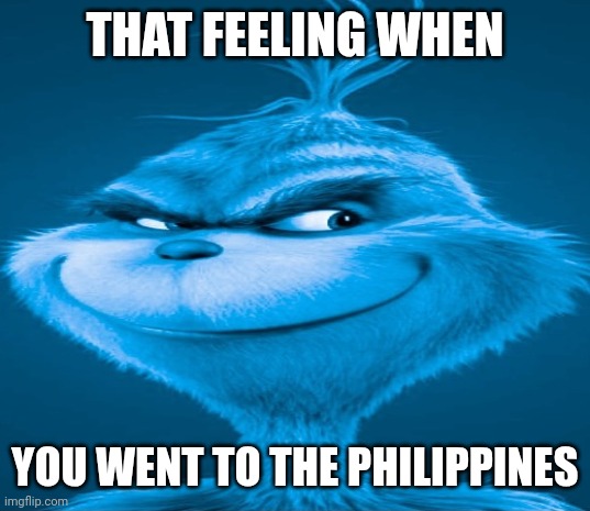 Blue Grinch | THAT FEELING WHEN YOU WENT TO THE PHILIPPINES | image tagged in blue grinch | made w/ Imgflip meme maker