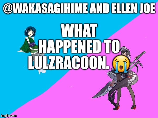 Wakasagihime announcement template | WHAT HAPPENED TO LULZRACOON. 😭 | image tagged in wakasagihime announcement template | made w/ Imgflip meme maker