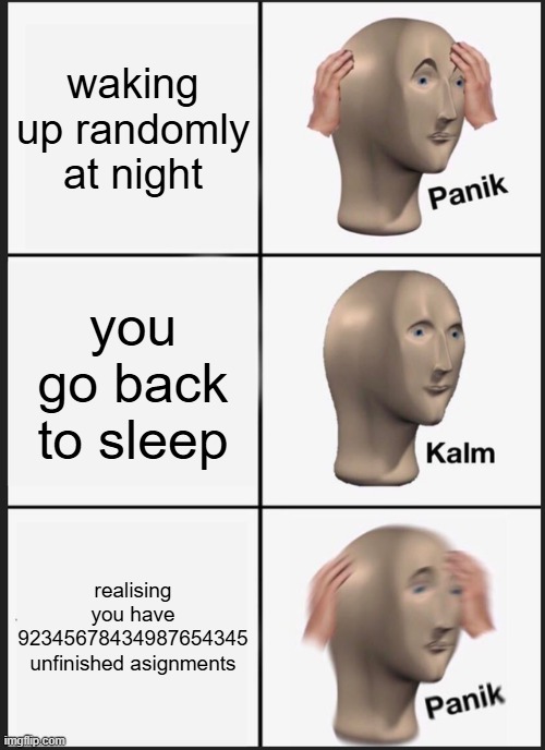 oh god | waking up randomly at night; you go back to sleep; realising you have 92345678434987654345 unfinished asignments | image tagged in memes,panik kalm panik | made w/ Imgflip meme maker