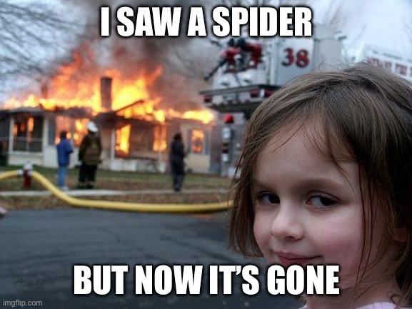 Disaster Girl Meme | I SAW A SPIDER; BUT NOW IT’S GONE | image tagged in memes,disaster girl | made w/ Imgflip meme maker