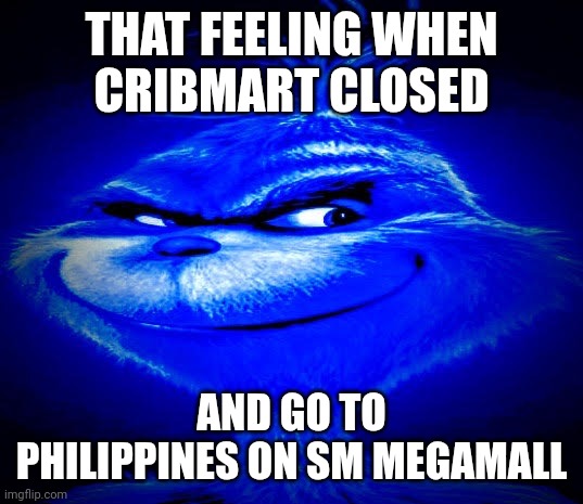 Dark Blue Grinch | THAT FEELING WHEN
CRIBMART CLOSED AND GO TO PHILIPPINES ON SM MEGAMALL | image tagged in dark blue grinch | made w/ Imgflip meme maker