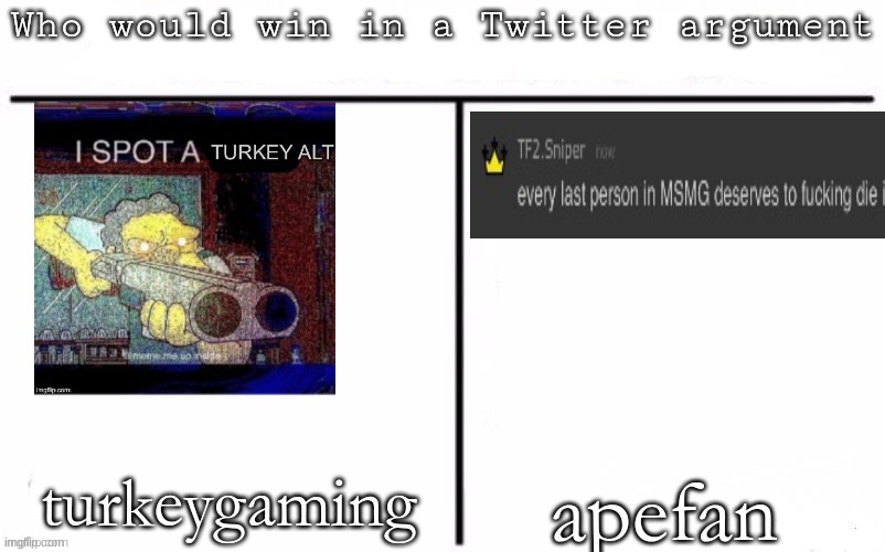 Pitting random mfs against each other | turkeygaming; apefan | image tagged in pitting random mfs against each other | made w/ Imgflip meme maker
