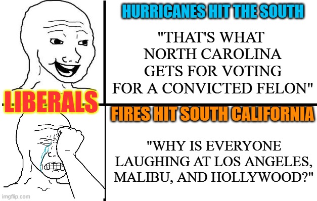 Controlled Weather | HURRICANES HIT THE SOUTH; "THAT'S WHAT 
NORTH CAROLINA GETS FOR VOTING FOR A CONVICTED FELON"; LIBERALS; FIRES HIT SOUTH CALIFORNIA; "WHY IS EVERYONE LAUGHING AT LOS ANGELES, MALIBU, AND HOLLYWOOD?" | image tagged in happy wojak crying wojak | made w/ Imgflip meme maker