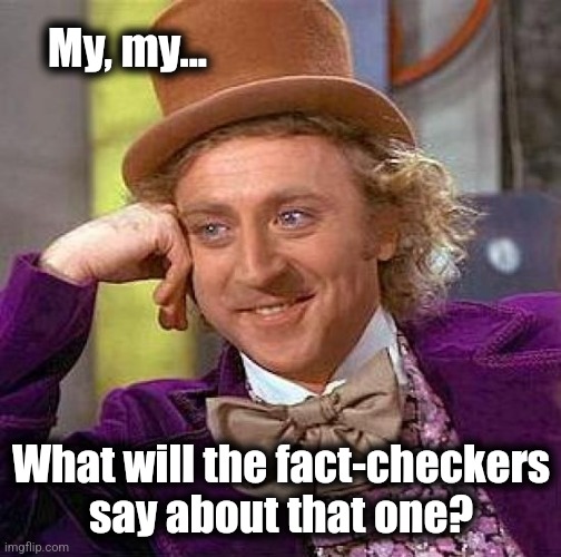 Creepy Condescending Wonka Meme | My, my... What will the fact-checkers
say about that one? | image tagged in memes,creepy condescending wonka | made w/ Imgflip meme maker