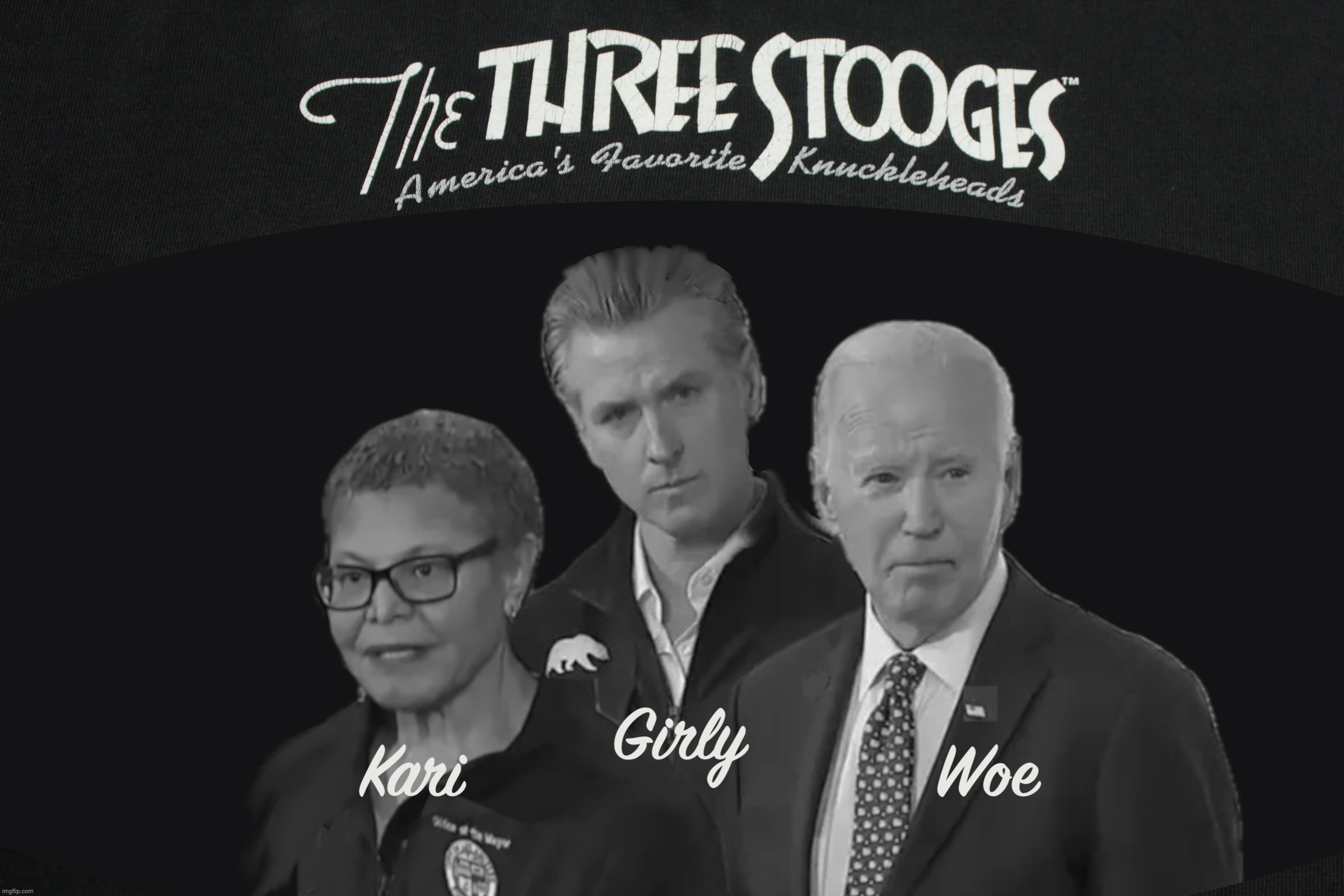 The Fiddlers Three | image tagged in newscum,newsom,karen bass,joe biden | made w/ Imgflip meme maker