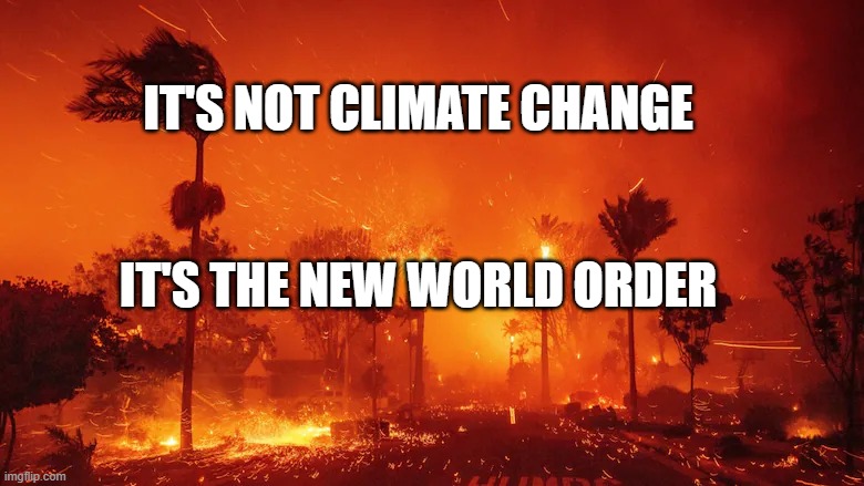 California Wildfires, 2025 | IT'S NOT CLIMATE CHANGE; IT'S THE NEW WORLD ORDER | image tagged in california wildfires 2025 | made w/ Imgflip meme maker