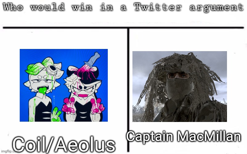 Pitting random mfs against each other | Captain MacMillan; Coil/Aeolus | image tagged in pitting random mfs against each other,msmg,memes | made w/ Imgflip meme maker