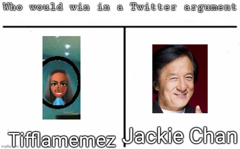 Totally fair fight | Jackie Chan; Tifflamemez | image tagged in pitting random mfs against each other,msmg,memes | made w/ Imgflip meme maker