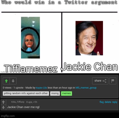 Jackie Chan WINS | image tagged in jackie chan wins,the tifflamemez myself lost | made w/ Imgflip meme maker