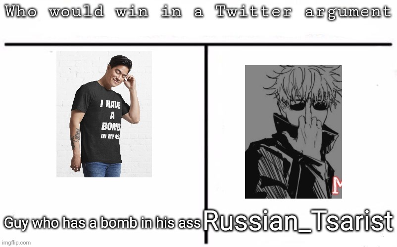 Pitting random mfs against each other | Russian_Tsarist; Guy who has a bomb in his ass | image tagged in pitting random mfs against each other,msmg,memes | made w/ Imgflip meme maker