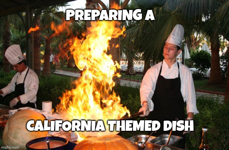 cooking memes | PREPARING A; CALIFORNIA THEMED DISH | image tagged in fire | made w/ Imgflip meme maker