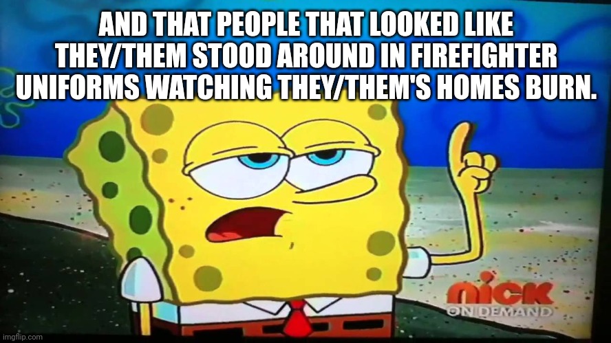 spongebob ill have you know  | AND THAT PEOPLE THAT LOOKED LIKE THEY/THEM STOOD AROUND IN FIREFIGHTER UNIFORMS WATCHING THEY/THEM'S HOMES BURN. | image tagged in spongebob ill have you know | made w/ Imgflip meme maker