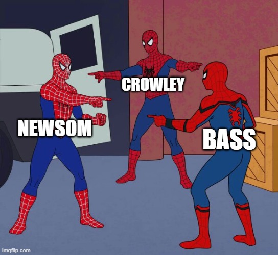 LA Fires | CROWLEY; NEWSOM; BASS | image tagged in spider man triple,los angeles,gavin,bass,california fires,california | made w/ Imgflip meme maker