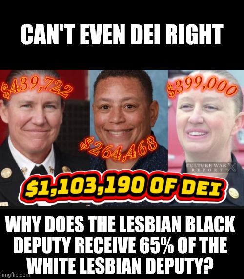 DEI Fire Dept | CAN'T EVEN DEI RIGHT; WHY DOES THE LESBIAN BLACK 
DEPUTY RECEIVE 65% OF THE 
WHITE LESBIAN DEPUTY? | image tagged in la fire chiefs | made w/ Imgflip meme maker