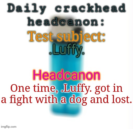 Daily crackhead headcanon | .Luffy. One time, .Luffy. got in a fight with a dog and lost. | image tagged in daily crackhead headcanon,msmg,memes | made w/ Imgflip meme maker
