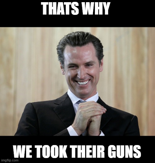 Scheming Gavin Newsom  | THATS WHY WE TOOK THEIR GUNS | image tagged in scheming gavin newsom | made w/ Imgflip meme maker