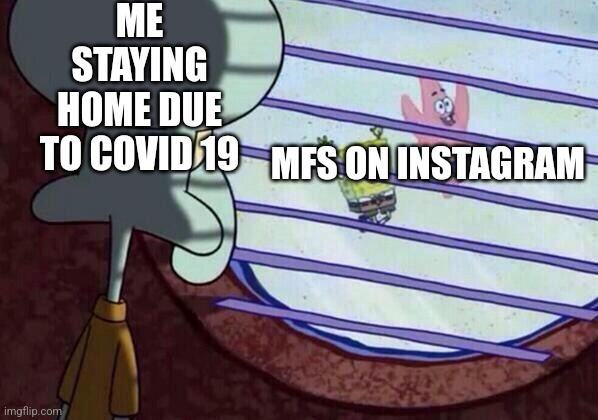 True | ME STAYING HOME DUE TO COVID 19; MFS ON INSTAGRAM | image tagged in squidward window | made w/ Imgflip meme maker