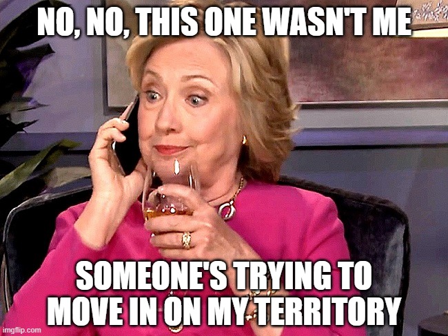 Hillary Phone Wine | NO, NO, THIS ONE WASN'T ME SOMEONE'S TRYING TO MOVE IN ON MY TERRITORY | image tagged in hillary phone wine | made w/ Imgflip meme maker