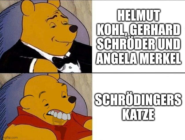 Tuxedo Winnie the Pooh grossed reverse | HELMUT KOHL, GERHARD SCHRÖDER UND ANGELA MERKEL; SCHRÖDINGERS KATZE | image tagged in tuxedo winnie the pooh grossed reverse | made w/ Imgflip meme maker