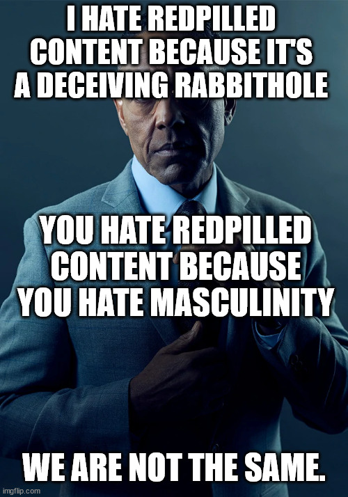 take that feminists :3 | I HATE REDPILLED CONTENT BECAUSE IT'S A DECEIVING RABBITHOLE; YOU HATE REDPILLED CONTENT BECAUSE YOU HATE MASCULINITY; WE ARE NOT THE SAME. | image tagged in we are not the same | made w/ Imgflip meme maker