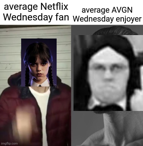 emo girl vs shitload of fuck | average AVGN Wednesday enjoyer; average Netflix Wednesday fan | image tagged in average fan vs average enjoyer,wednesday addams,wednesday,angry video game nerd,avgn | made w/ Imgflip meme maker