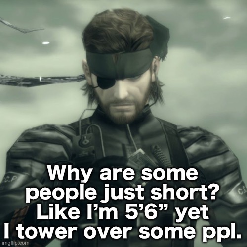 I’m talking about males | Why are some people just short? Like I’m 5’6” yet I tower over some ppl. | image tagged in metal gear solid snake | made w/ Imgflip meme maker