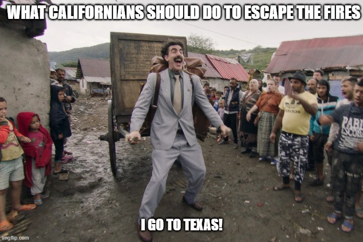 I have not made a meme in a while, just thought of this on the toilet | WHAT CALIFORNIANS SHOULD DO TO ESCAPE THE FIRES; I GO TO TEXAS! | image tagged in borat i go to america,texas | made w/ Imgflip meme maker