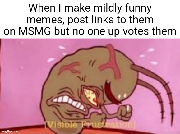 WHY U NO UPVOTE????????????????????????????? | When I make mildly funny memes, post links to them on MSMG but no one up votes them | image tagged in visible frustration | made w/ Imgflip meme maker