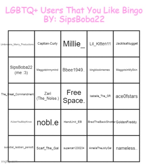 zari and bred are the only ones that actually exist on this bingo | image tagged in lgbtq people that you like by sipsboba22 | made w/ Imgflip meme maker
