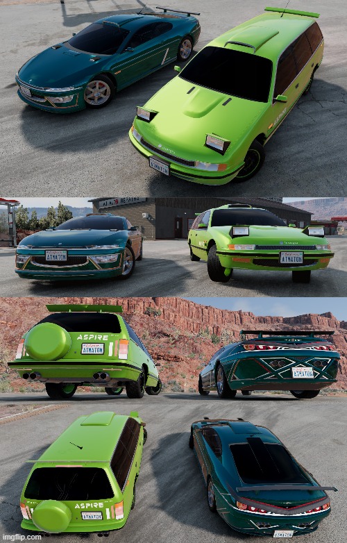 I Made 2 cars in AutomationTCCTG: Intergru Aspire (Green Wagon) & Intergru Zephyr (Auqa Sportscar) | image tagged in original,cars,automation,beamng | made w/ Imgflip meme maker