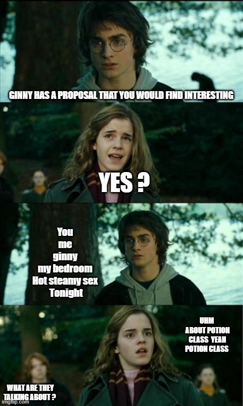 Horny Harry Meme | GINNY HAS A PROPOSAL THAT YOU WOULD FIND INTERESTING; YES ? You 
me 
ginny 
my bedroom 
Hot steamy sex 
Tonight; UHM 
ABOUT POTION CLASS  YEAH POTION CLASS; WHAT ARE THEY TALKING ABOUT ? | image tagged in memes,horny harry | made w/ Imgflip meme maker