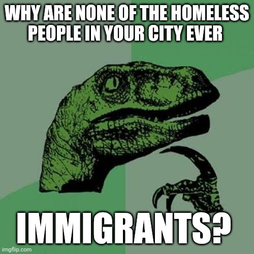 Seriously. | WHY ARE NONE OF THE HOMELESS PEOPLE IN YOUR CITY EVER; IMMIGRANTS? | image tagged in memes,philosoraptor | made w/ Imgflip meme maker