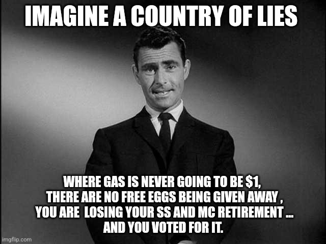 2025 | IMAGINE A COUNTRY OF LIES; WHERE GAS IS NEVER GOING TO BE $1, 
 THERE ARE NO FREE EGGS BEING GIVEN AWAY ,
 YOU ARE  LOSING YOUR SS AND MC RETIREMENT ...
AND YOU VOTED FOR IT. | image tagged in rod serling twilight zone,2025 | made w/ Imgflip meme maker