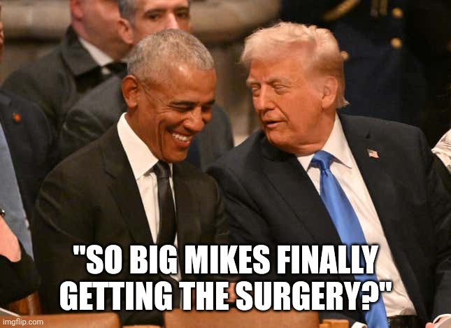 She's been a real pain in barks ass | "SO BIG MIKES FINALLY GETTING THE SURGERY?" | image tagged in trump obama jimmy carter funeral | made w/ Imgflip meme maker