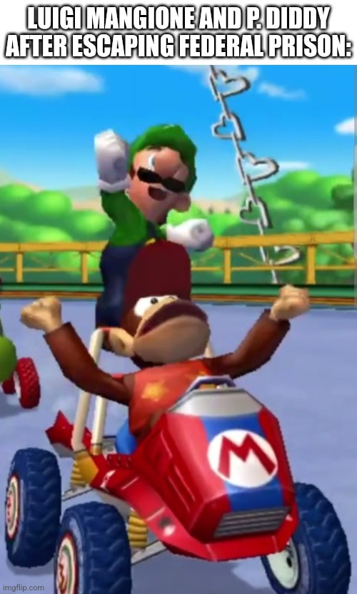 yippie! | LUIGI MANGIONE AND P. DIDDY AFTER ESCAPING FEDERAL PRISON: | image tagged in double d facts book,luigi,diddy,partying,mario kart,dark humor | made w/ Imgflip meme maker