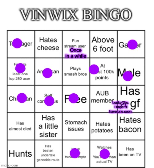 VinWix bingo | Once in a while; Lucky you. I hope I'll have one soon. | image tagged in vinwix bingo | made w/ Imgflip meme maker