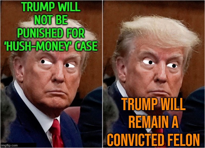 Trump Will Remain A Convicted Felon | TRUMP WILL NOT BE PUNISHED FOR ‘HUSH-MONEY’ CASE; TRUMP WILL REMAIN A CONVICTED FELON | image tagged in trumpy muppet d-_-b template,criminal,trump is a moron,donald trump the clown,donald trump,breaking news | made w/ Imgflip meme maker