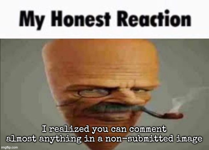 Due to it not being in any stream it means no mods | I realized you can comment almost anything in a non-submitted image | image tagged in my honest reaction,msmg | made w/ Imgflip meme maker