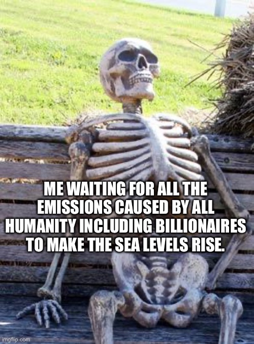 Waiting Skeleton Meme | ME WAITING FOR ALL THE EMISSIONS CAUSED BY ALL HUMANITY INCLUDING BILLIONAIRES TO MAKE THE SEA LEVELS RISE. | image tagged in memes,waiting skeleton | made w/ Imgflip meme maker