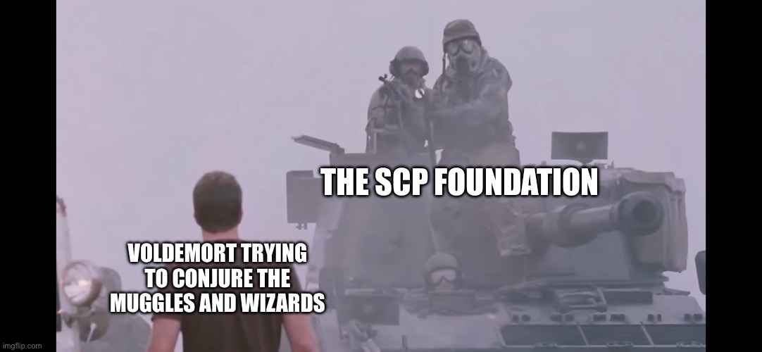 How Harry Potter should’ve ended | THE SCP FOUNDATION; VOLDEMORT TRYING TO CONJURE THE MUGGLES AND WIZARDS | image tagged in the mist ending | made w/ Imgflip meme maker