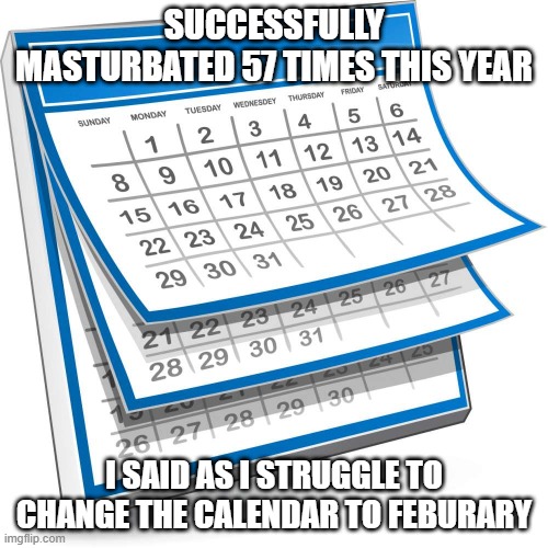 Busy Year | SUCCESSFULLY MASTURBATED 57 TIMES THIS YEAR; I SAID AS I STRUGGLE TO CHANGE THE CALENDAR TO FEBURARY | image tagged in calendar | made w/ Imgflip meme maker