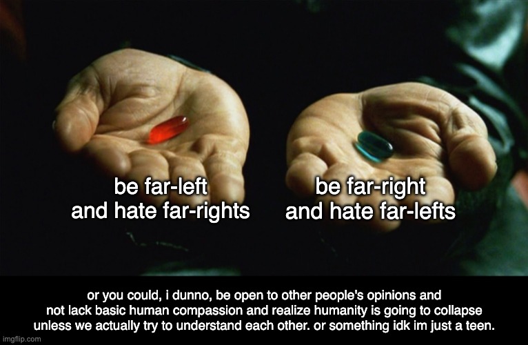 or, like, whatever i'm supposed to say | be far-left and hate far-rights; be far-right and hate far-lefts; or you could, i dunno, be open to other people's opinions and not lack basic human compassion and realize humanity is going to collapse unless we actually try to understand each other. or something idk im just a teen. | image tagged in red pill blue pill,political meme,politics,humanity | made w/ Imgflip meme maker